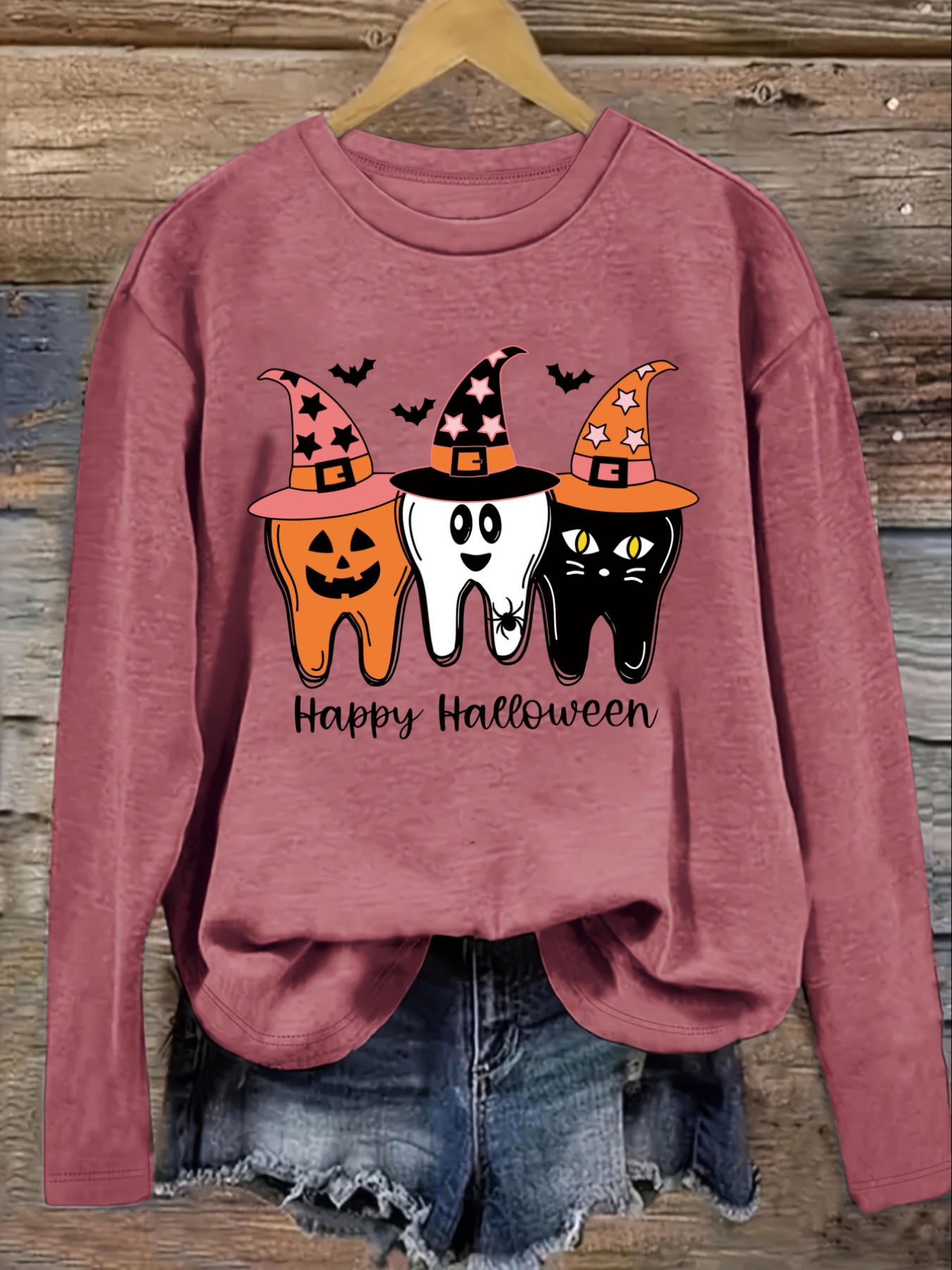 レディースカジュアル長袖クルーネックTシャツ、ハッピーハロウ - Winter Clothing Usa のレビューと価格