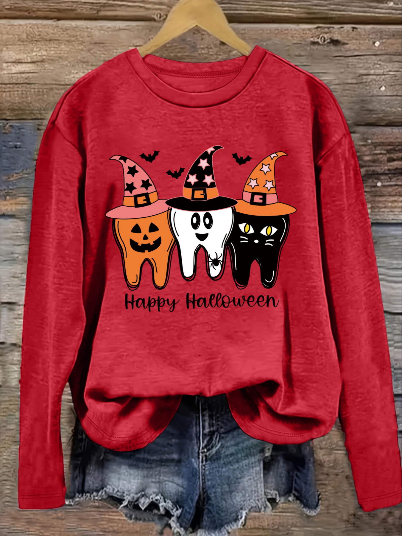 レディースカジュアル長袖クルーネックTシャツ、ハッピーハロウ - Winter Clothing Usa のレビューと価格