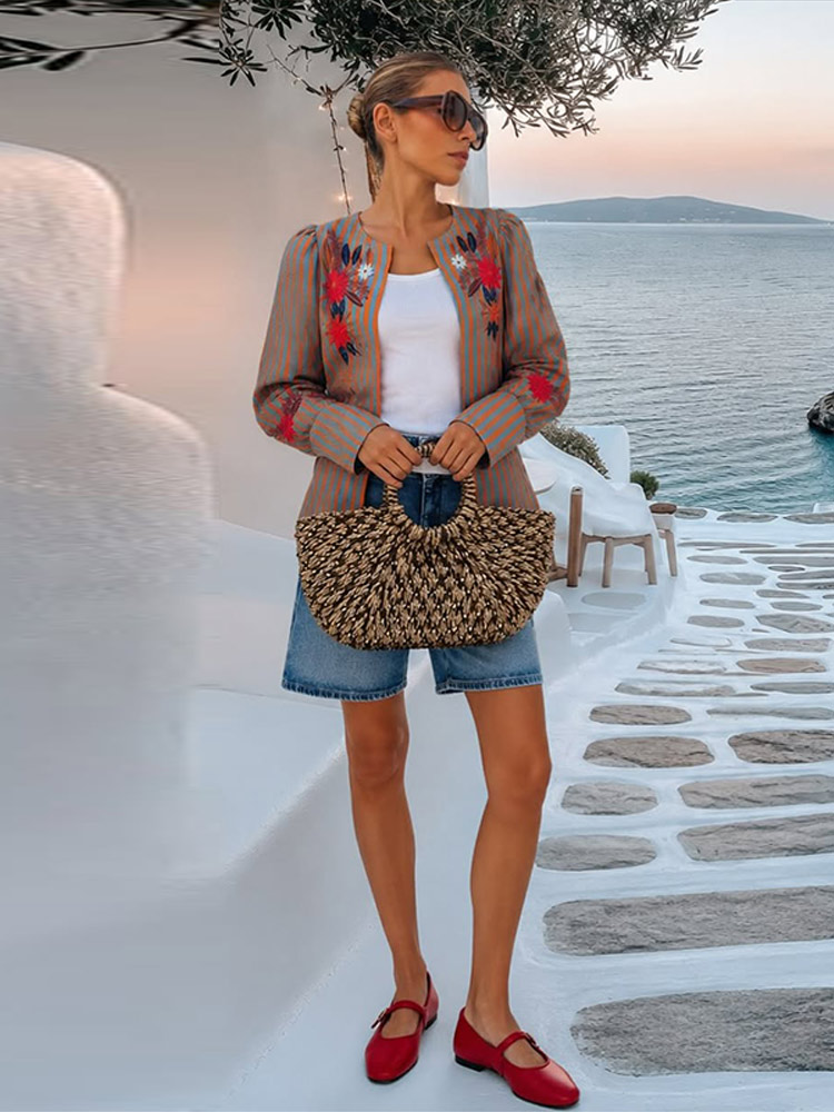 2026年初秋ストライプフラワー刺繍ジャケットラウンドネック - Winter Clothing For Women のレビューと価格